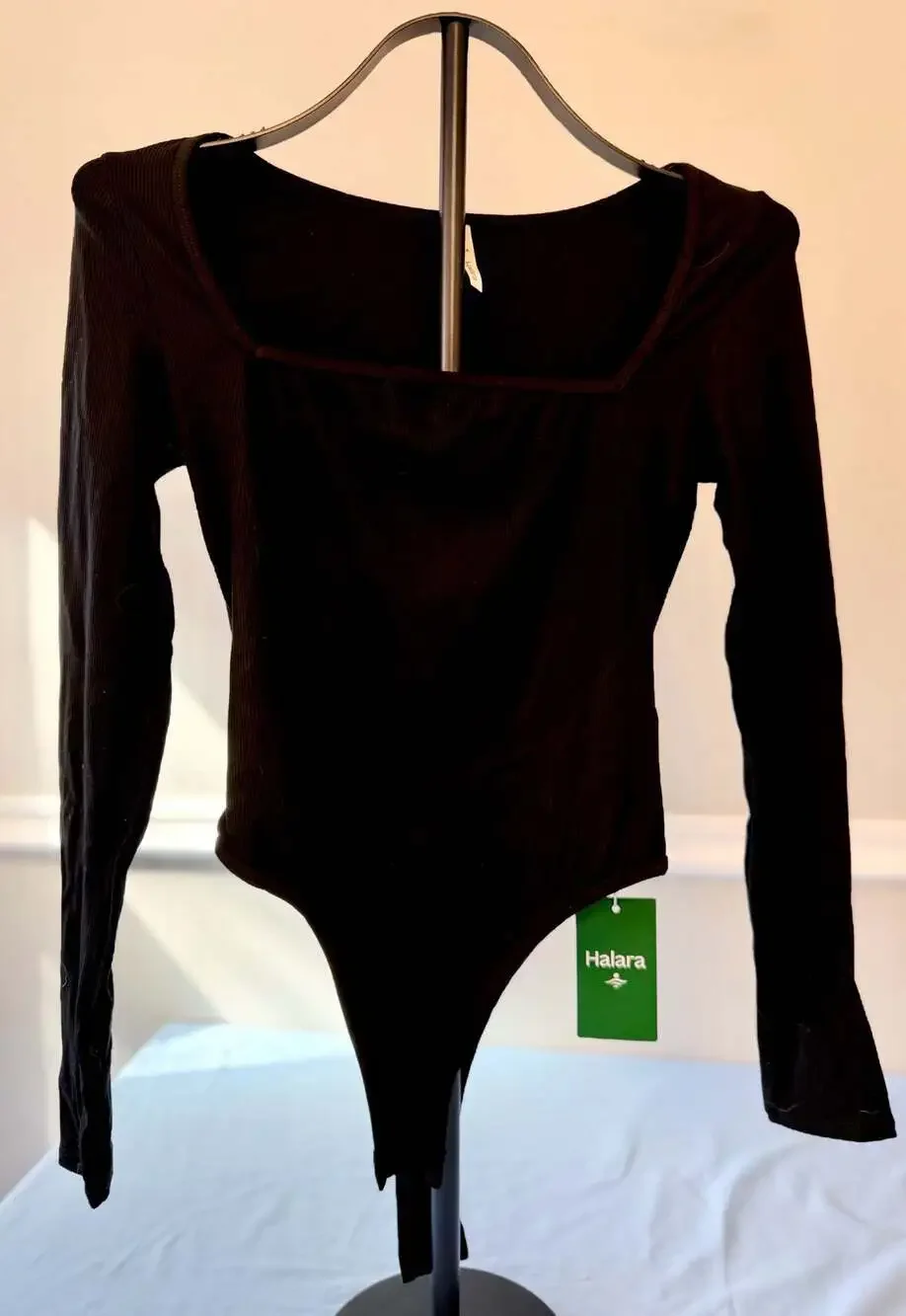 NWT Halara Ribbed Knit Square Neck Long Sleeve Bodysuit Black Size S